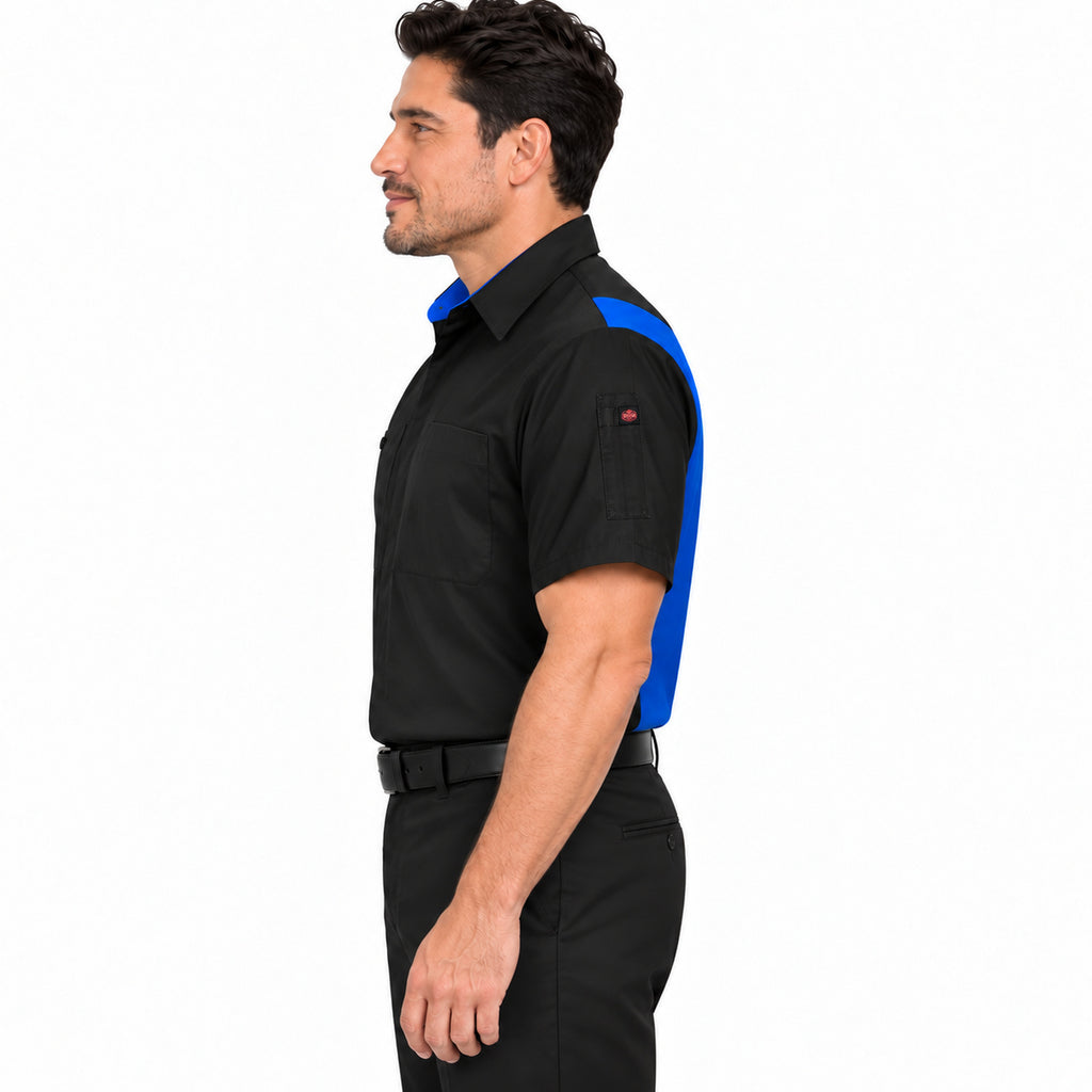 Camisa Red Kap SY42 para hombre Negra con Azul Rey, perfil izquierdo fajada