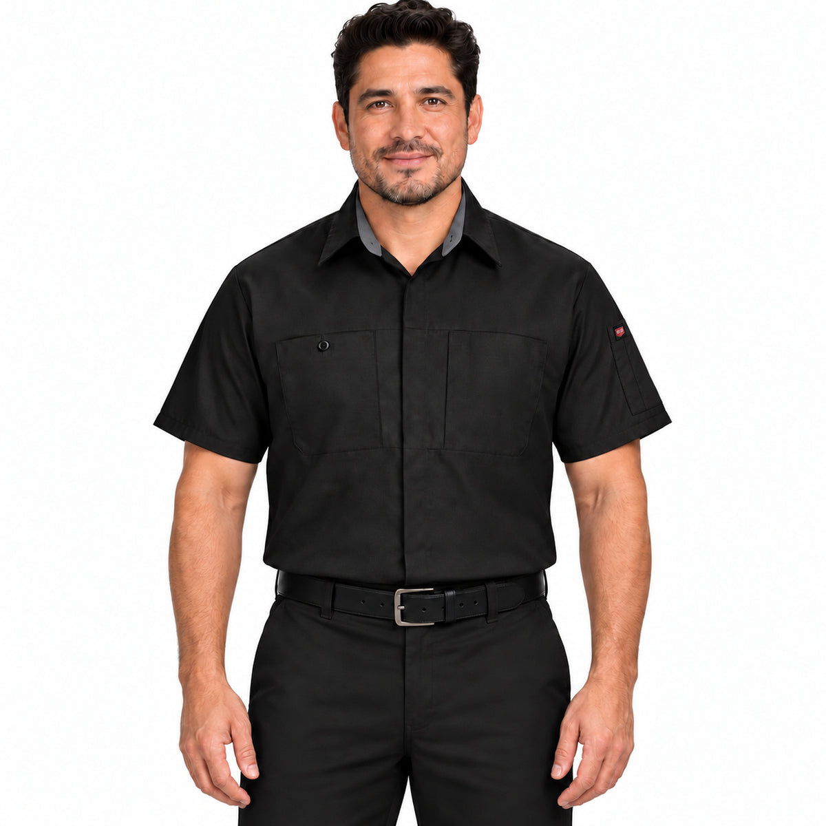 Camisa Red Kap SY42 para hombre Negra con Gris, frente fajada | color:negra-con-gris