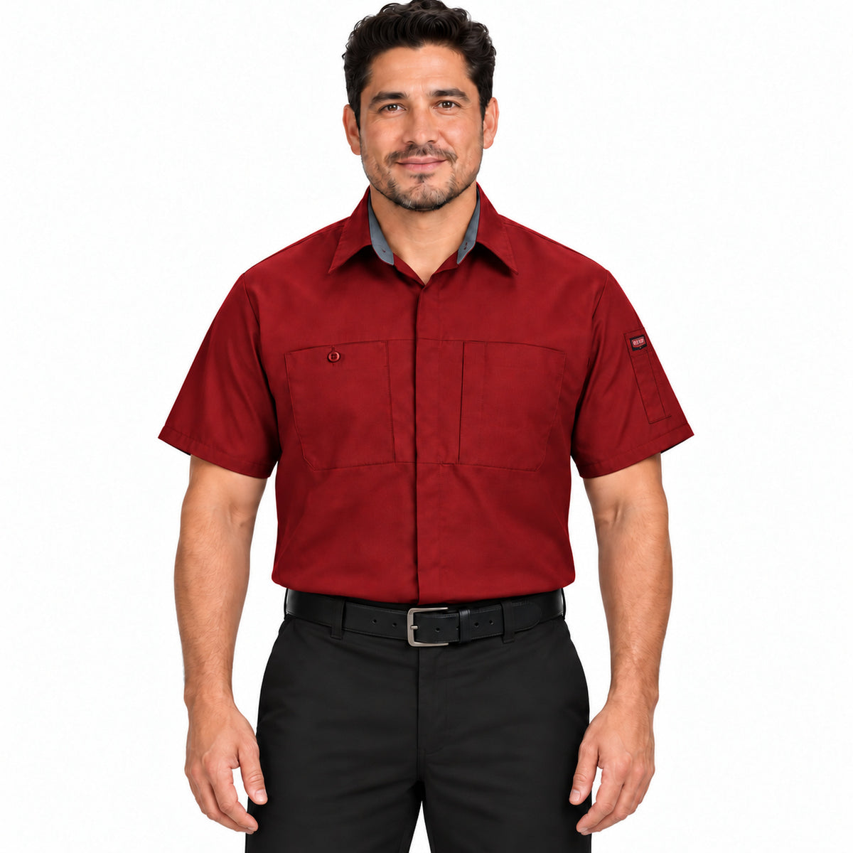 Camisa Red Kap SY42 para hombre Roja con Gris Oxford, frente fajada | color:roja-con-gris-oxford