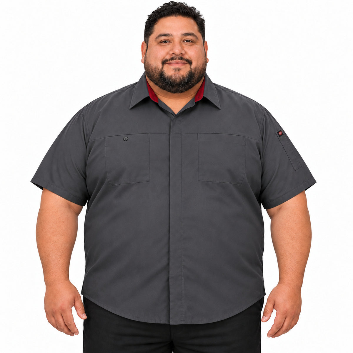 Camisa de trabajo Red Kap SY42 para hombre talla extra Gris Oxford con Rojo, frente desfajada | color:gris-oxford-con-rojo