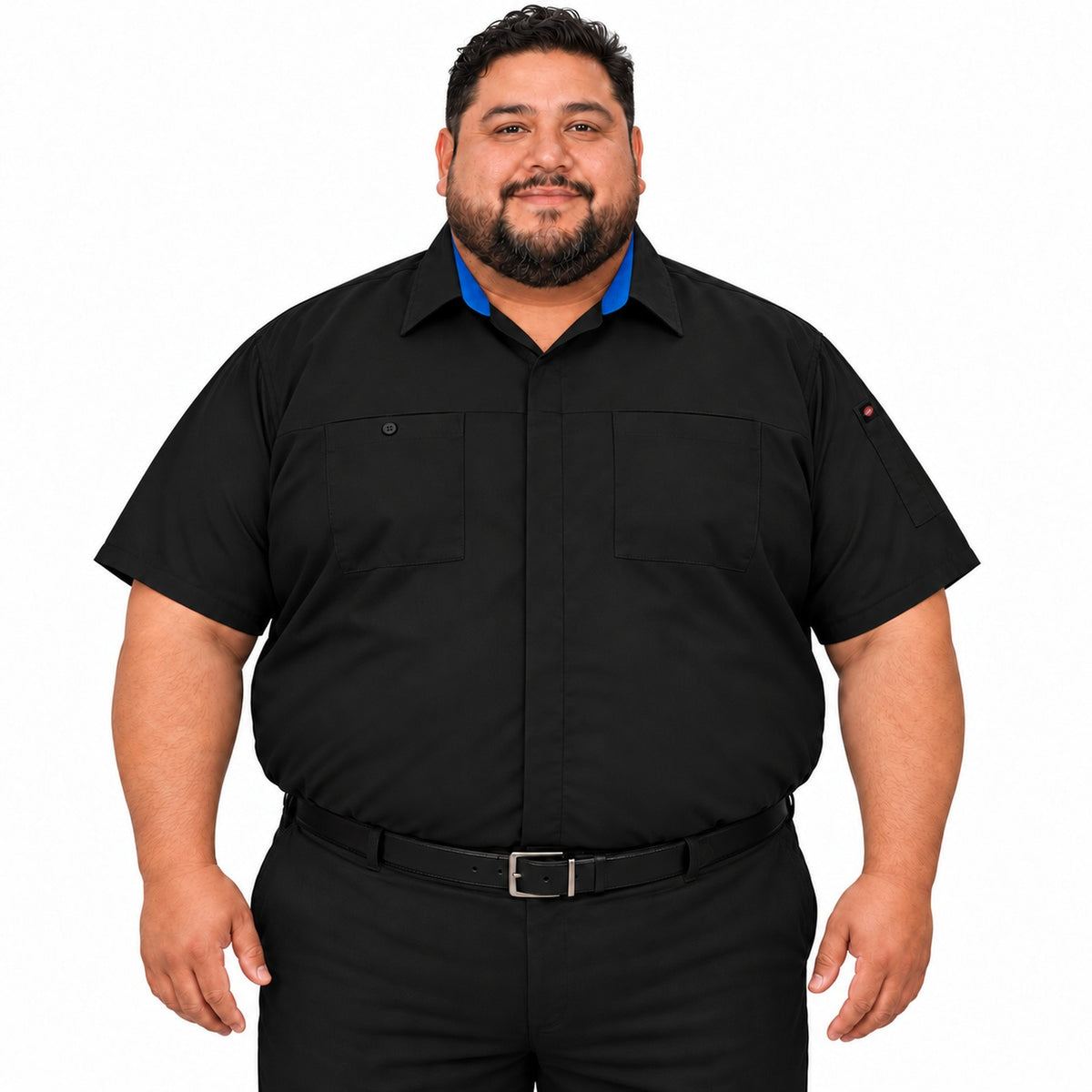 Camisa de trabajo Red Kap SY42 para hombre talla extra Negra con Azul Rey, frente fajada | color:negra-con-azul-rey