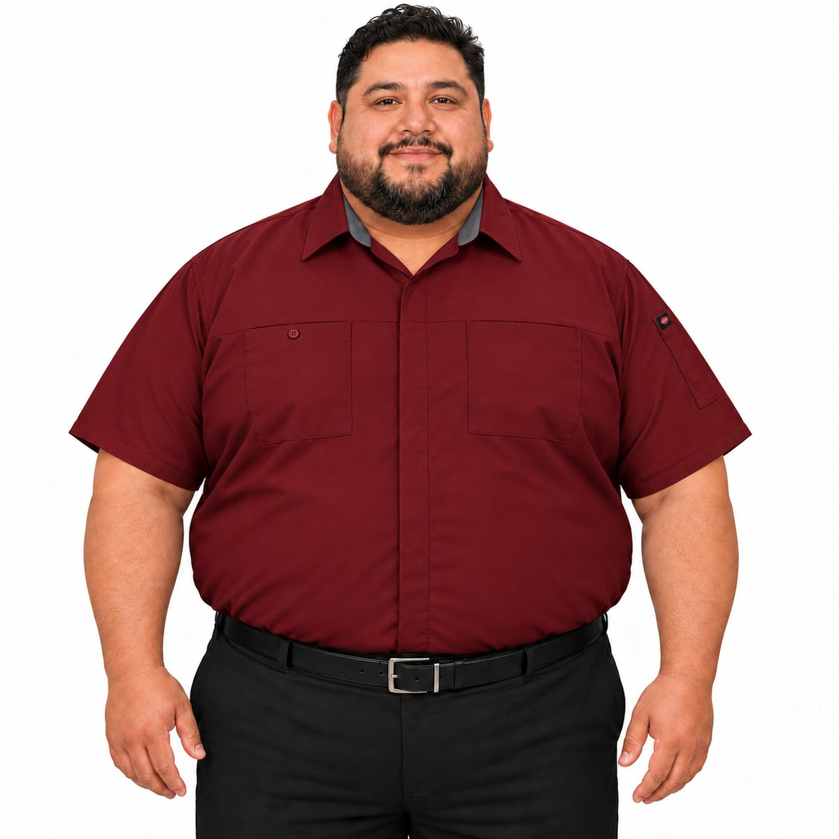 Camisa de trabajo Red Kap SY42 para hombre talla extra Roja con Gris Oxford, frente fajada | color:roja-con-gris-oxford