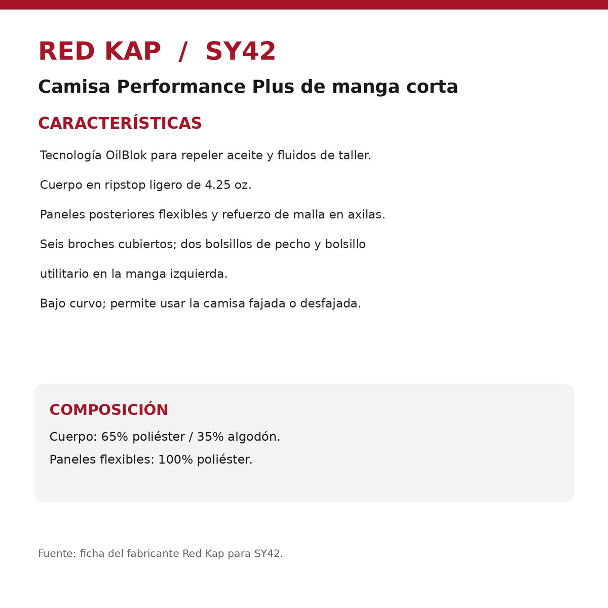 Camisa Red Kap SY42 para hombre, composición y características | color:todos