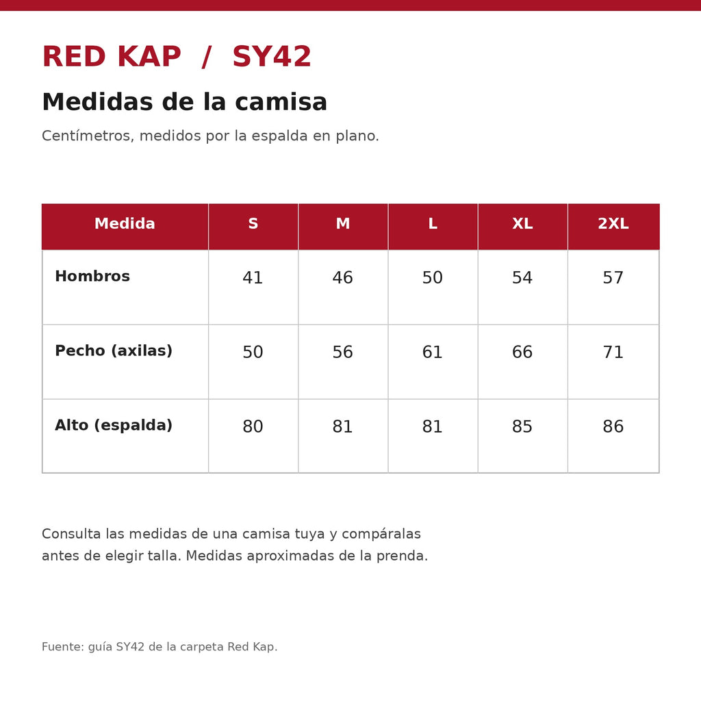 Camisa Red Kap SY42 para hombre, tabla de medidas S a 2XL en centímetros