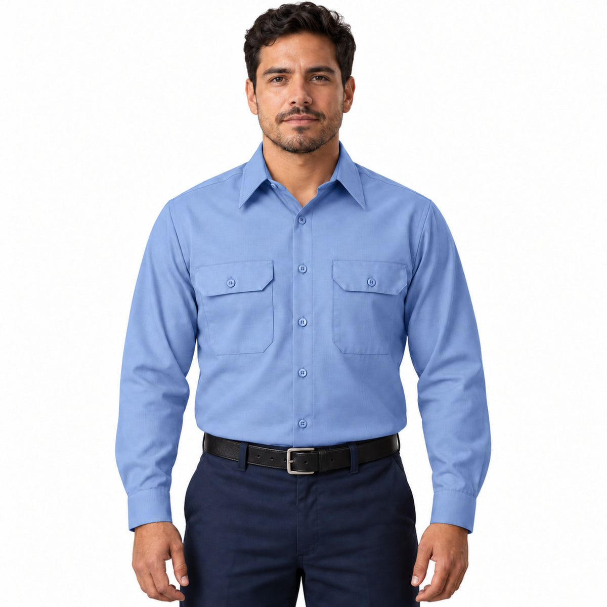 Camisa de trabajo Red Kap SY50 para hombre azul claro, frontal fajada | color:azul-claro