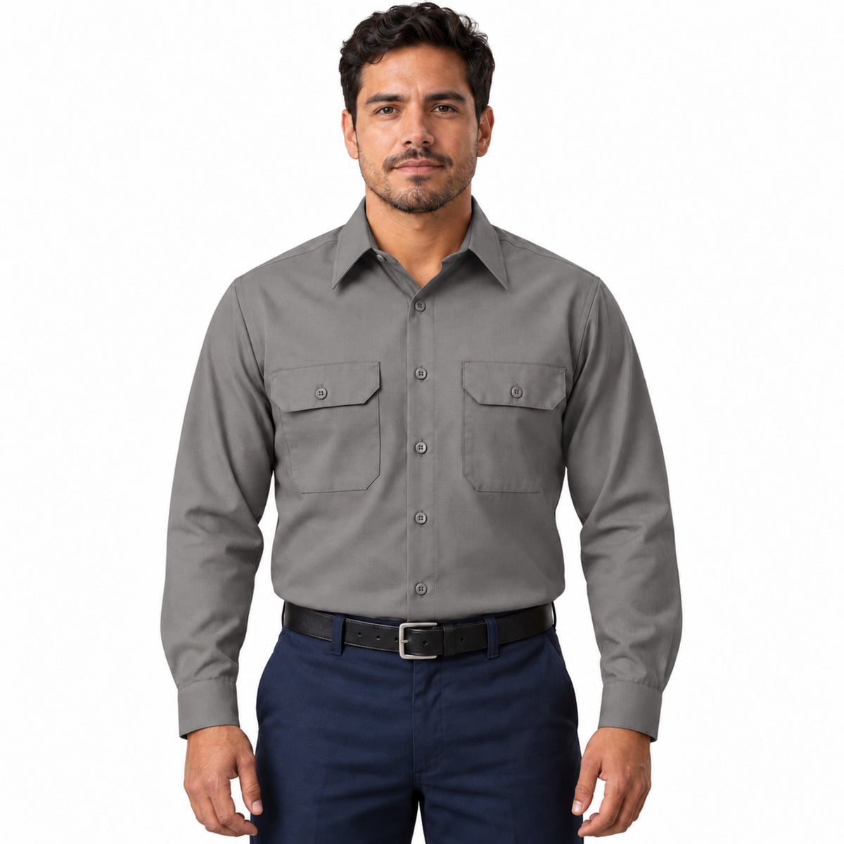 Camisa de trabajo Red Kap SY50 para hombre gris, frontal fajada | color:gris