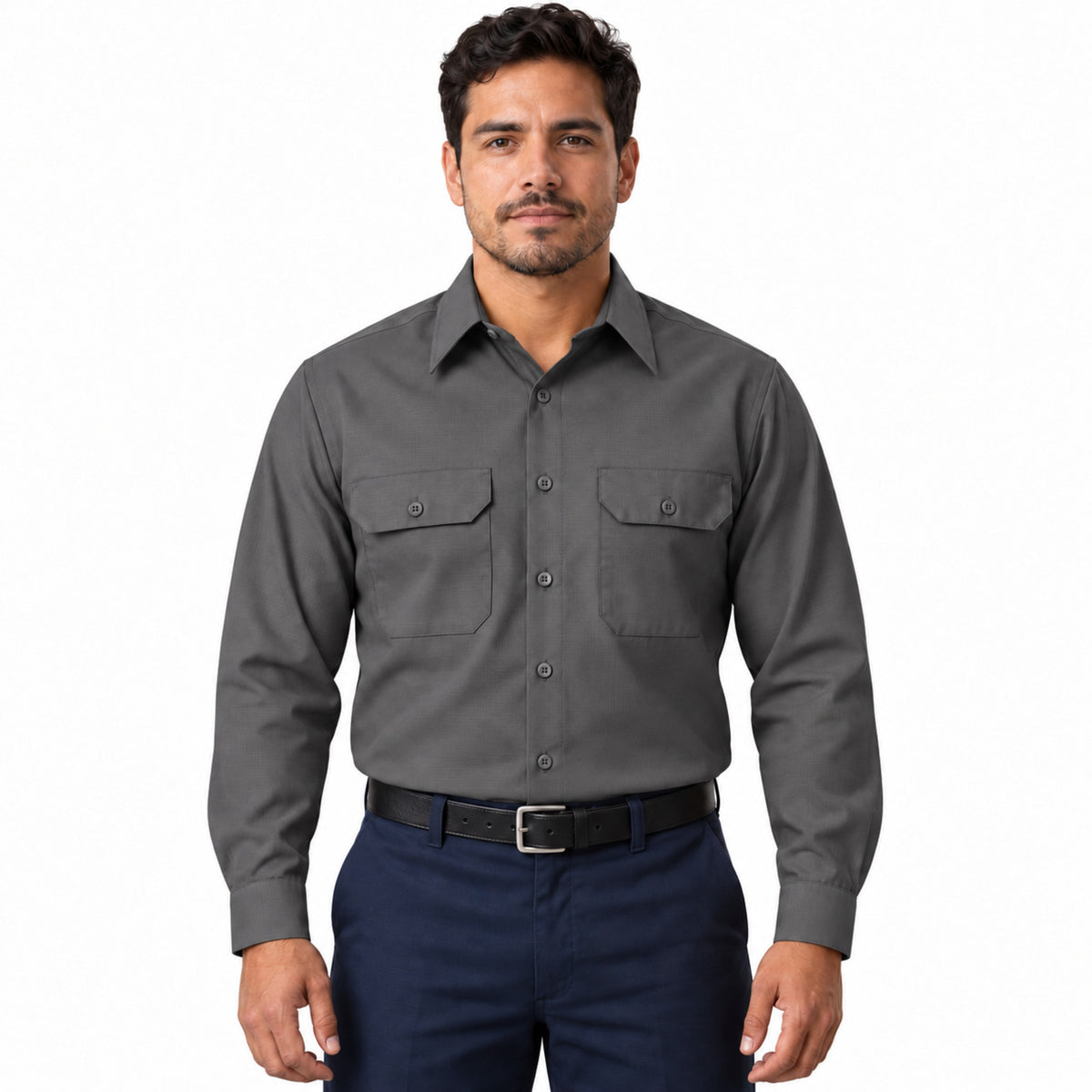 Camisa de trabajo Red Kap SY50 para hombre gris oxford, frontal fajada | color:gris-oxford