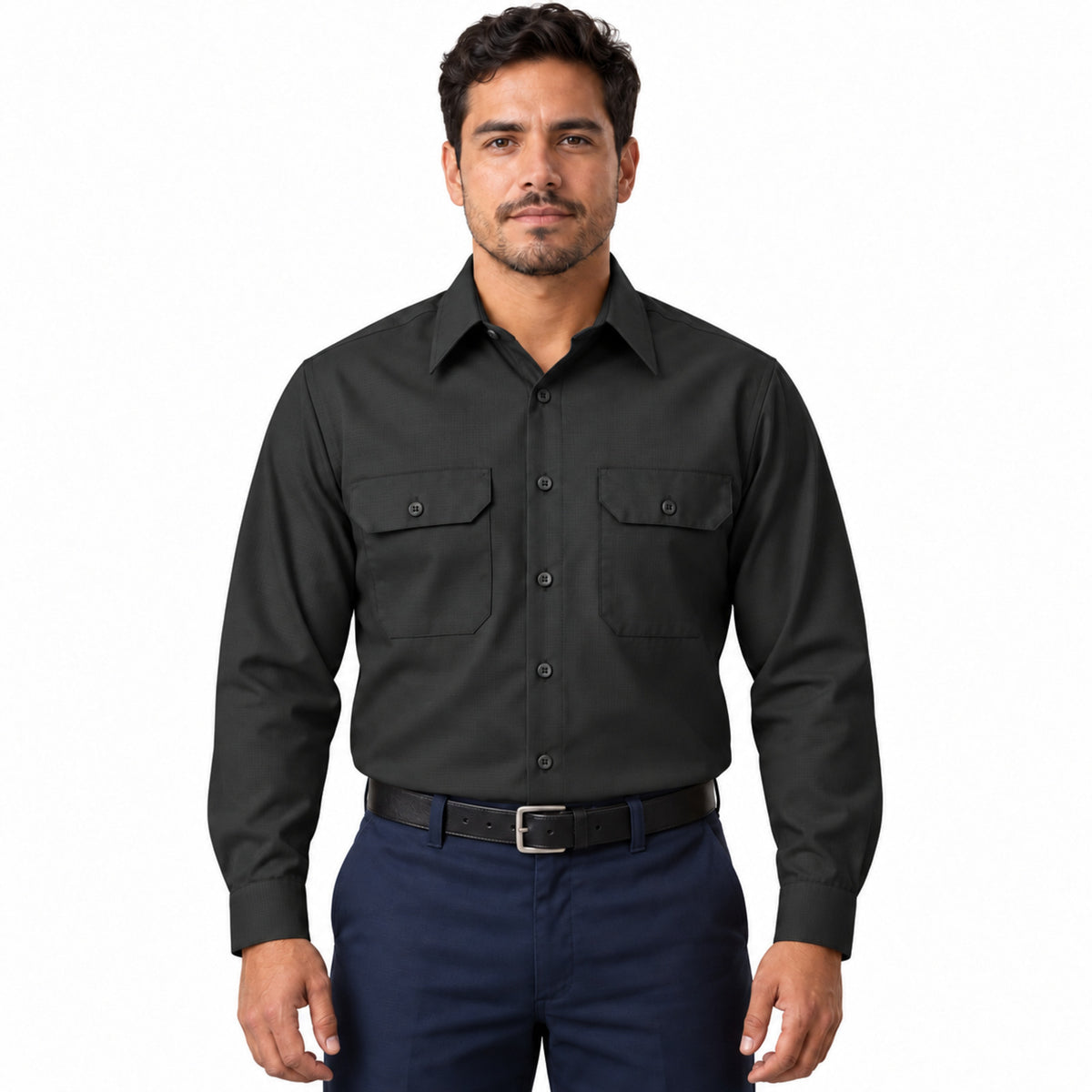 Camisa de trabajo Red Kap SY50 para hombre negra, frontal fajada | color:negra