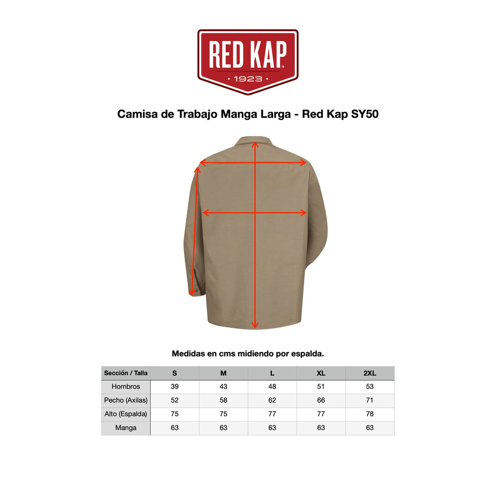 Tabla de medidas de la camisa de trabajo Red Kap SY50 para hombre, tallas S a 2XL