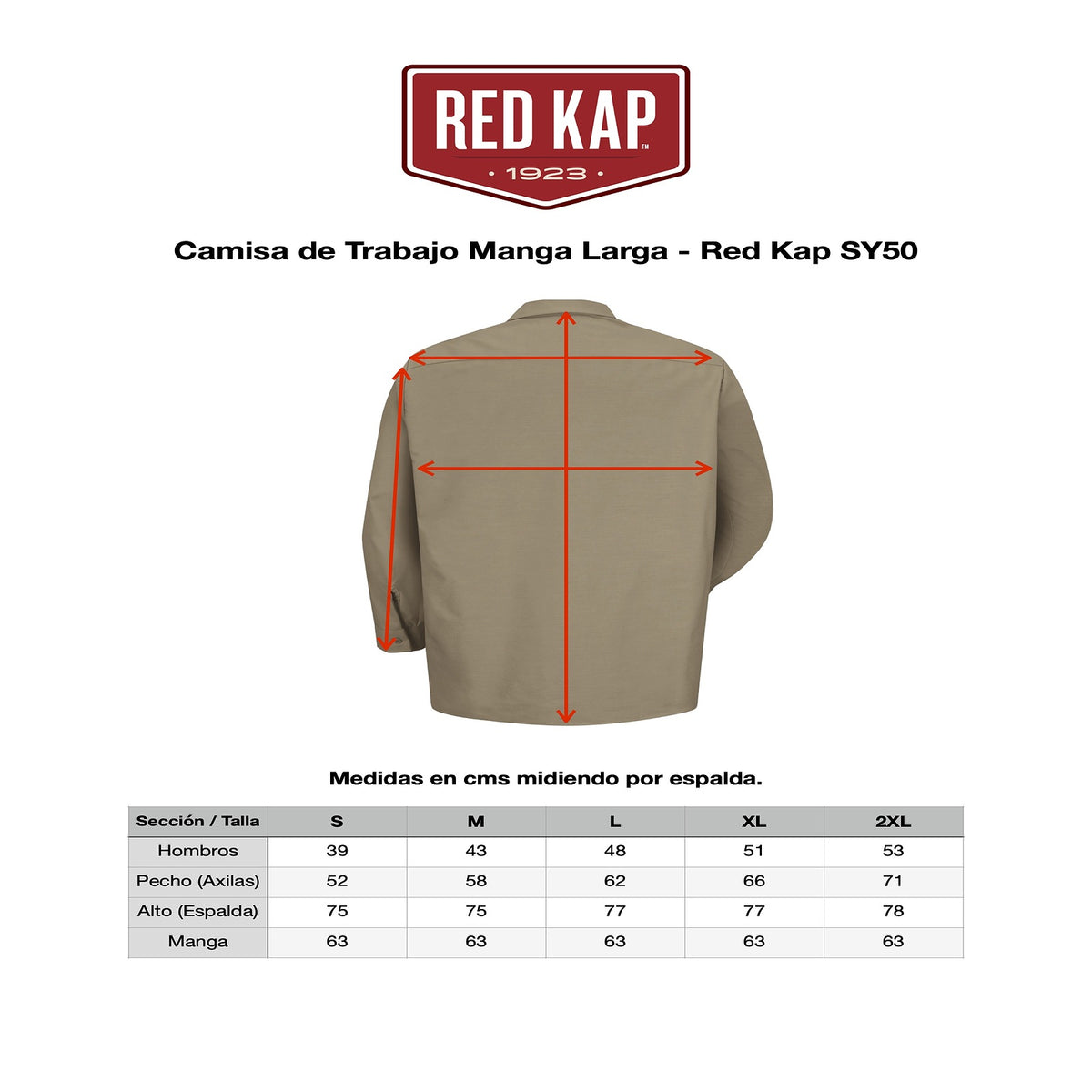 Guía de medidas de camisa de trabajo Red Kap SY50 para hombre talla extra | color:todos