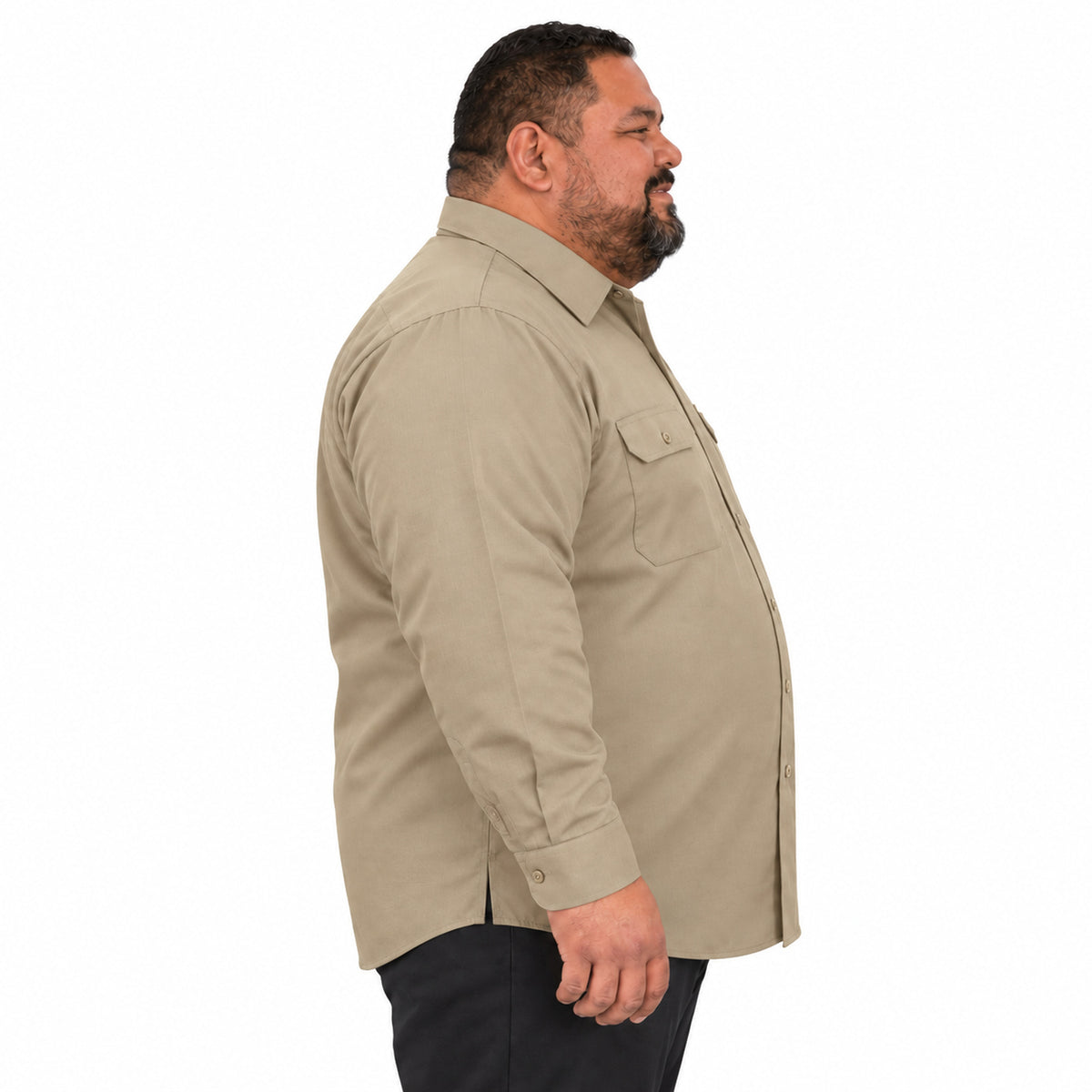 Camisa de trabajo Red Kap SY50 para hombre talla extra khaki, perfil derecho desfajada | color:khaki