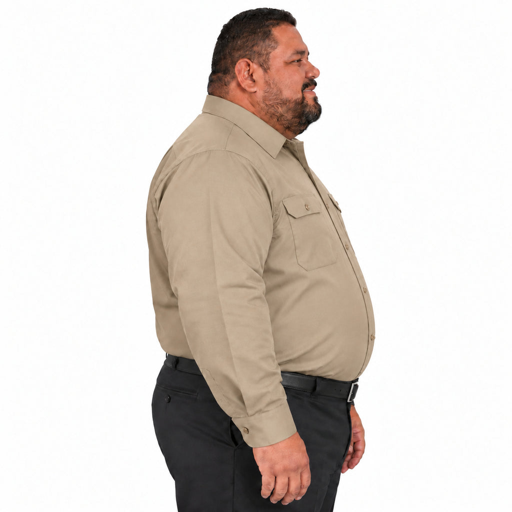 Camisa de trabajo Red Kap SY50 para hombre talla extra khaki, perfil derecho fajada