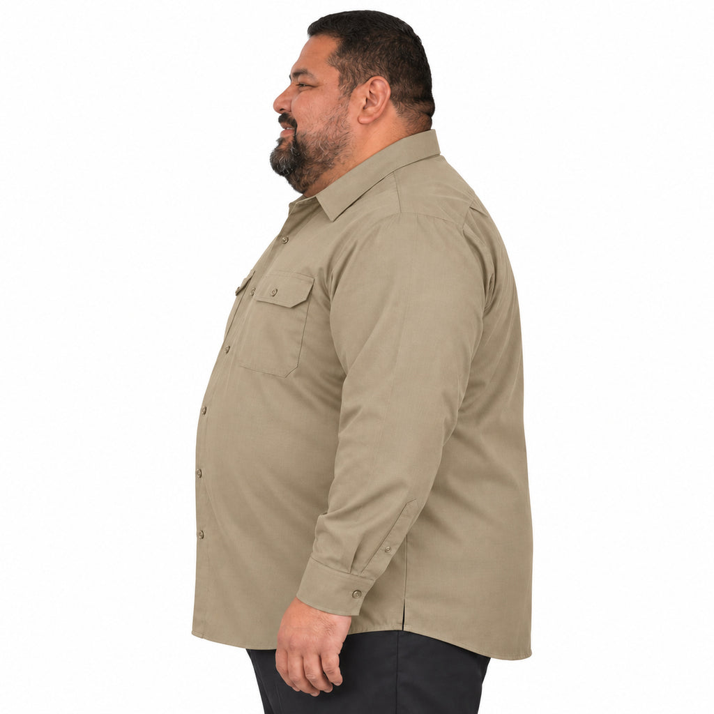 Camisa de trabajo Red Kap SY50 para hombre talla extra khaki, perfil izquierdo desfajada