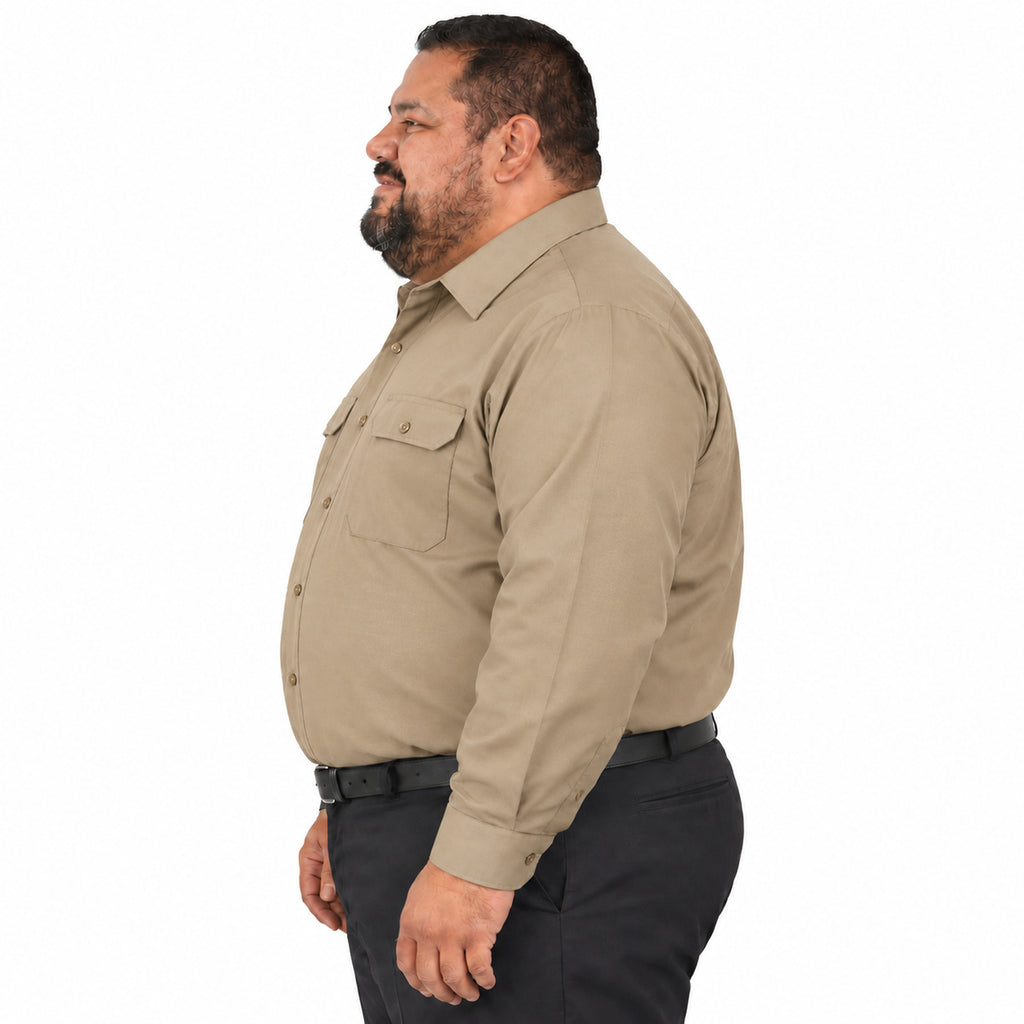 Camisa de trabajo Red Kap SY50 para hombre talla extra khaki, perfil izquierdo fajada
