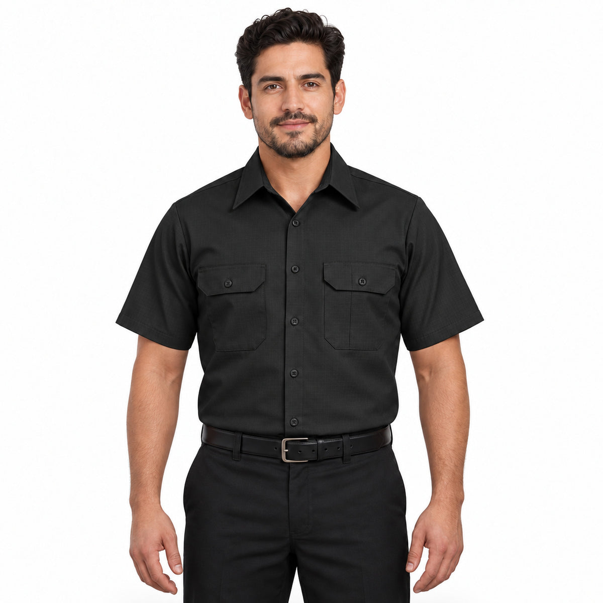 Camisa de trabajo Red Kap SY60 para hombre color Negra, vista frontal fajada | color:negra
