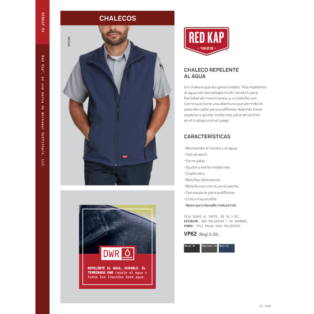 Ficha técnica del chaleco softshell Red Kap VP62 para hombre talla extra