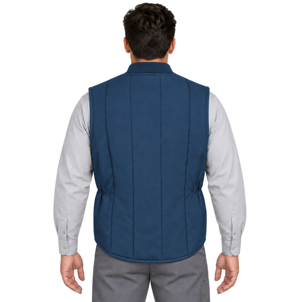 Chaleco acolchado Red Kap VT22 para hombre azul marino, vista de espalda con modelo
