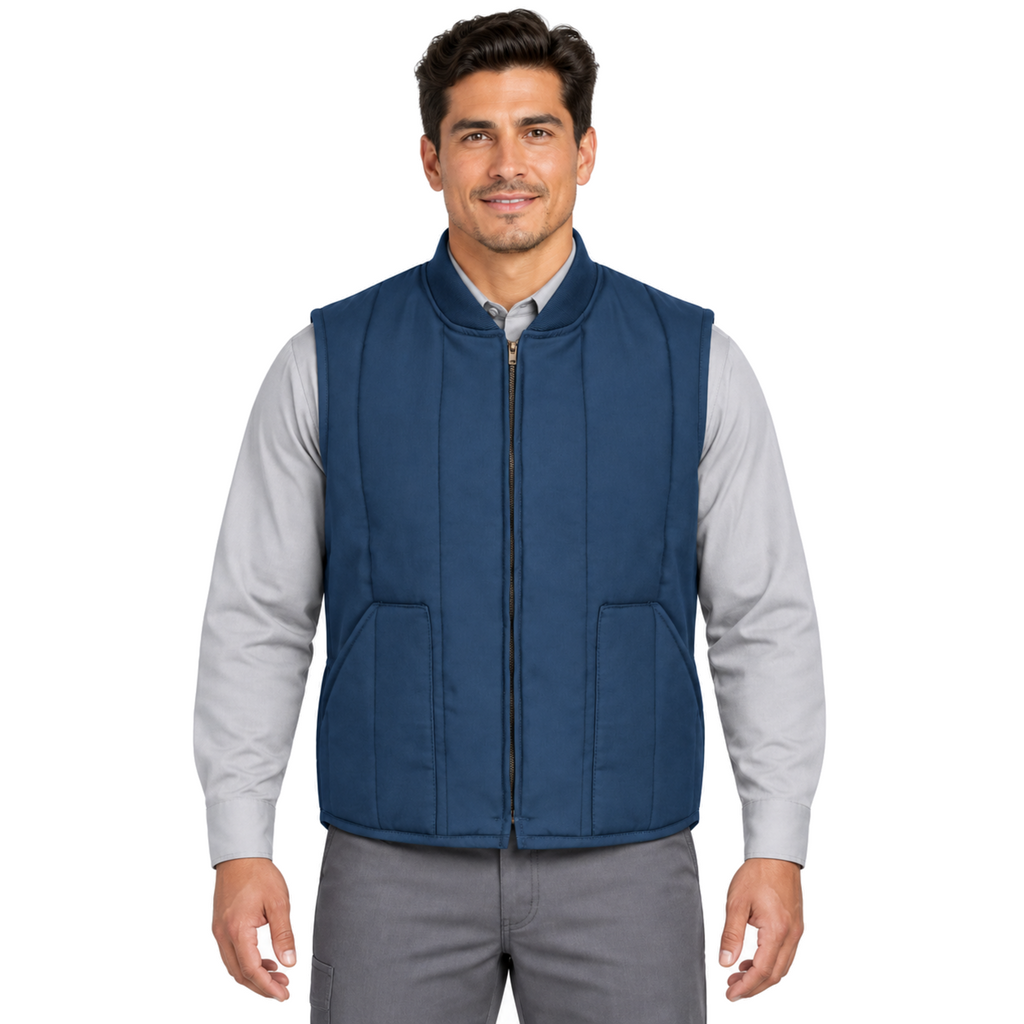 Chaleco acolchado Red Kap VT22 para hombre azul marino, vista frontal con modelo
