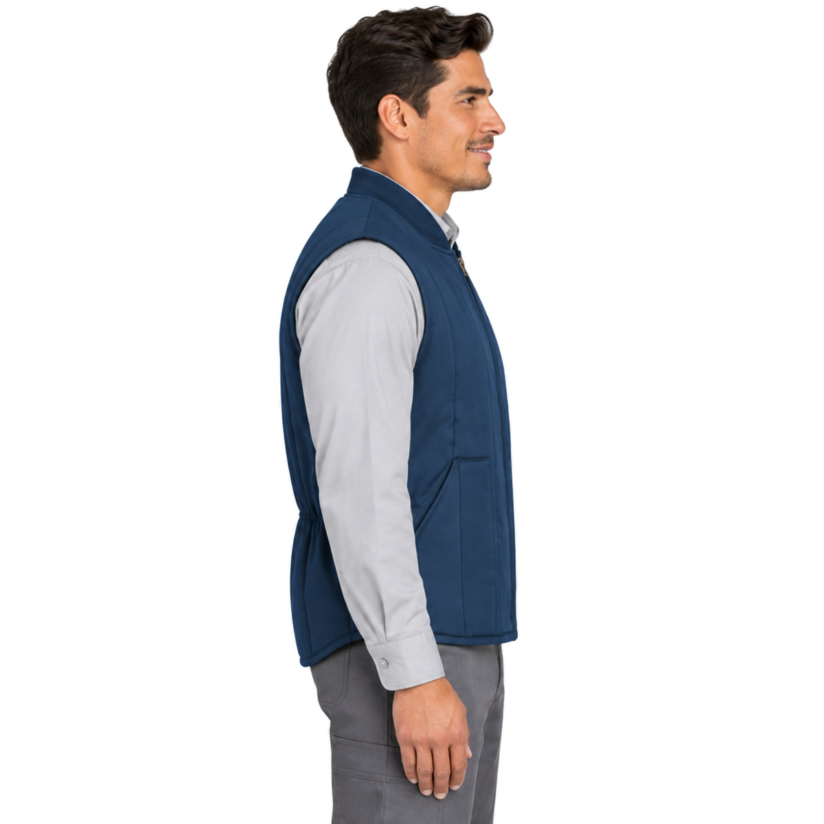 Chaleco acolchado Red Kap VT22 para hombre azul marino, perfil derecho con modelo | color:azul-marino