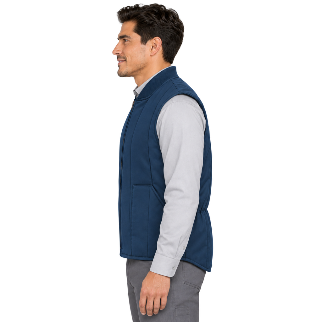 Chaleco acolchado Red Kap VT22 para hombre azul marino, perfil izquierdo con modelo