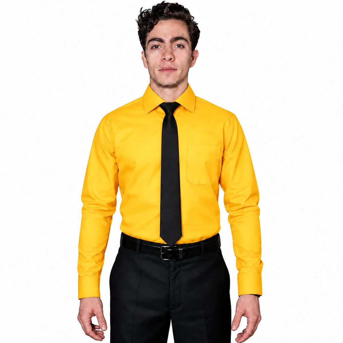 Camisa de vestir para hombre Rodolfo Mango - Rodolfo, frontal fajada con corbata negra | color:mango-rodolfo