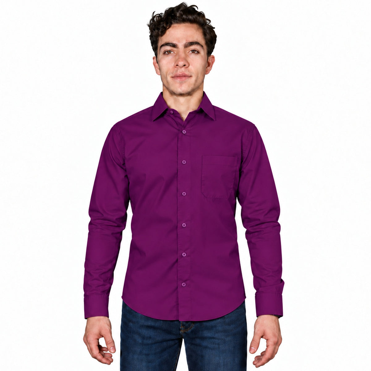 Camisa de vestir para hombre Rodolfo morada, frontal desfajada con mezclilla azul oscuro | color:morada-rodolfo