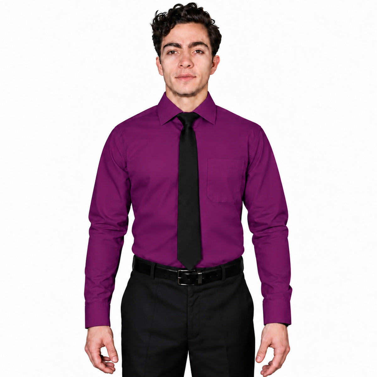 Camisa de vestir para hombre Rodolfo morada, frontal fajada con corbata negra | color:morada-rodolfo