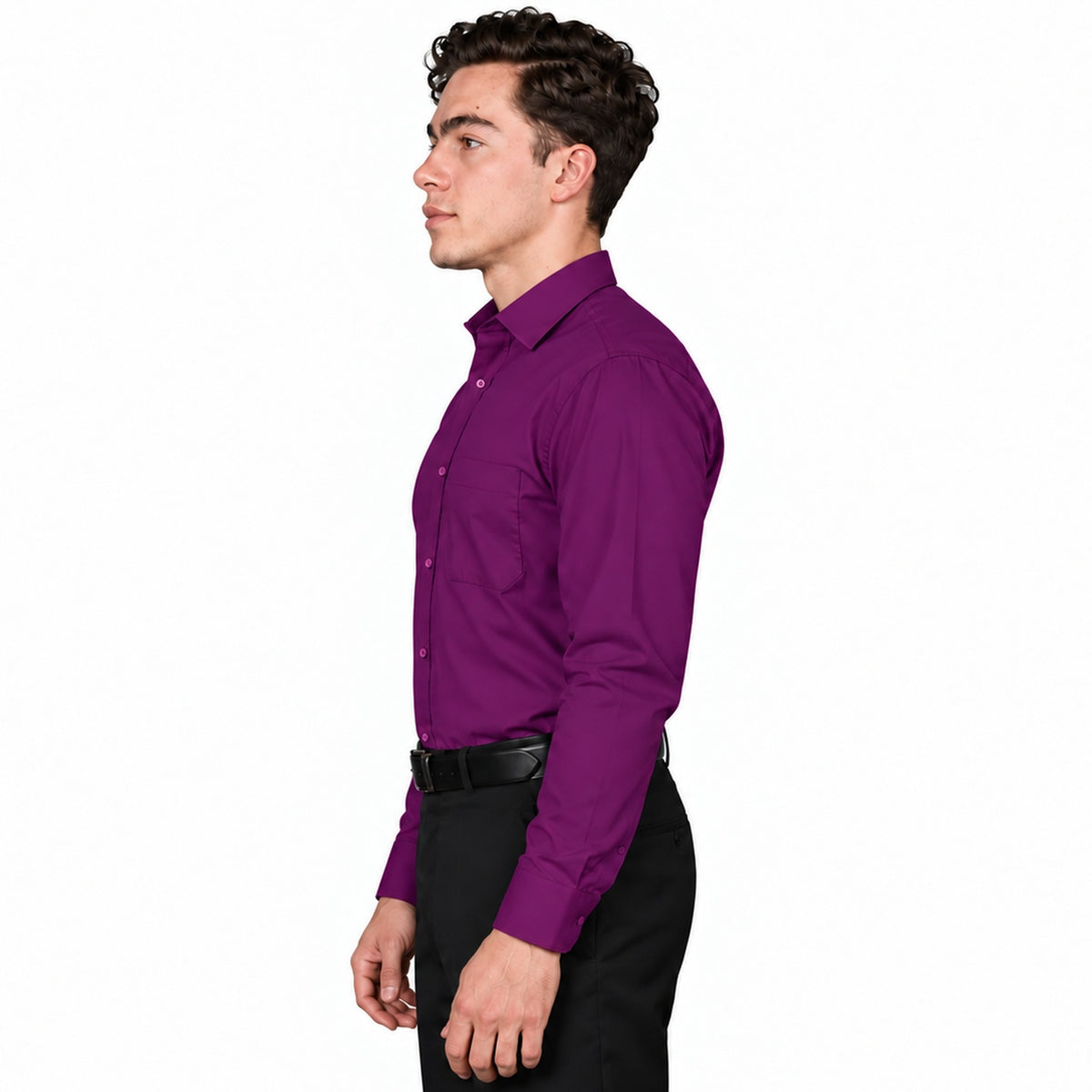Camisa de vestir para hombre Rodolfo morada, perfil izquierdo fajada | color:morada-rodolfo