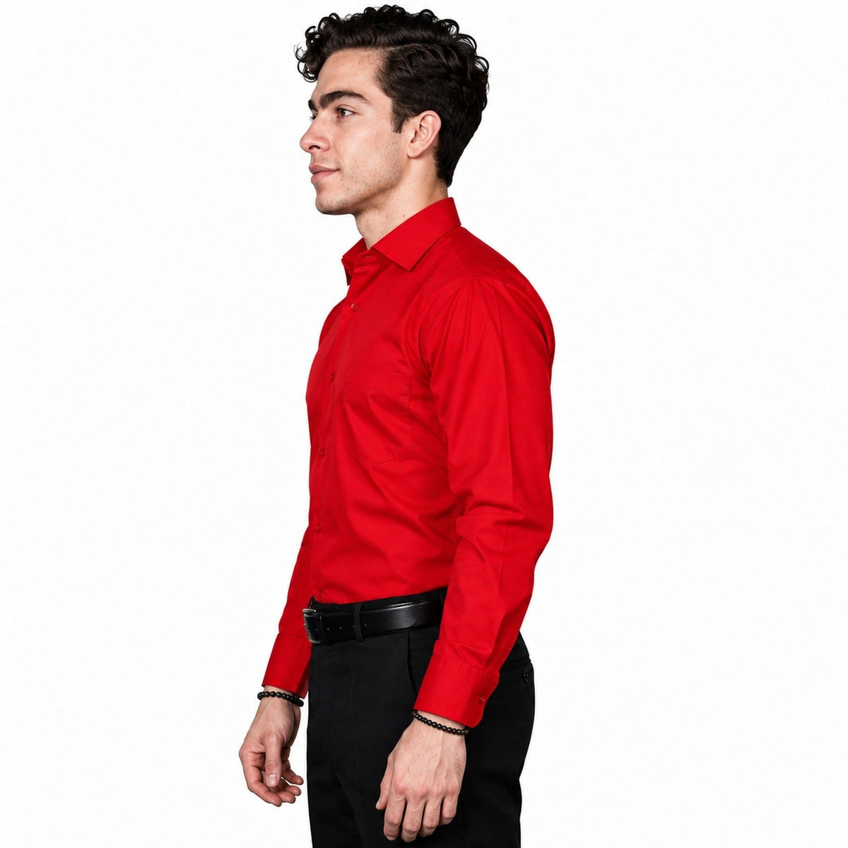 Camisa de vestir para hombre Rodolfo roja, perfil izquierdo fajada | color:roja-rodolfo
