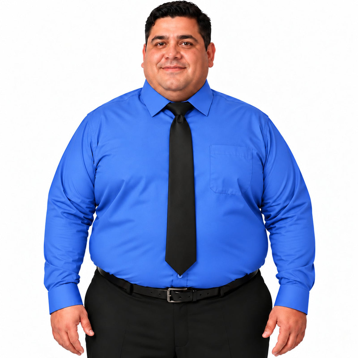 Vista frontal, camisa fajada con corbata negra de camisa de vestir azul Francia para hombre Rodolfo, tallas extra 52 a 56 | color:azul-francia-rodolfo