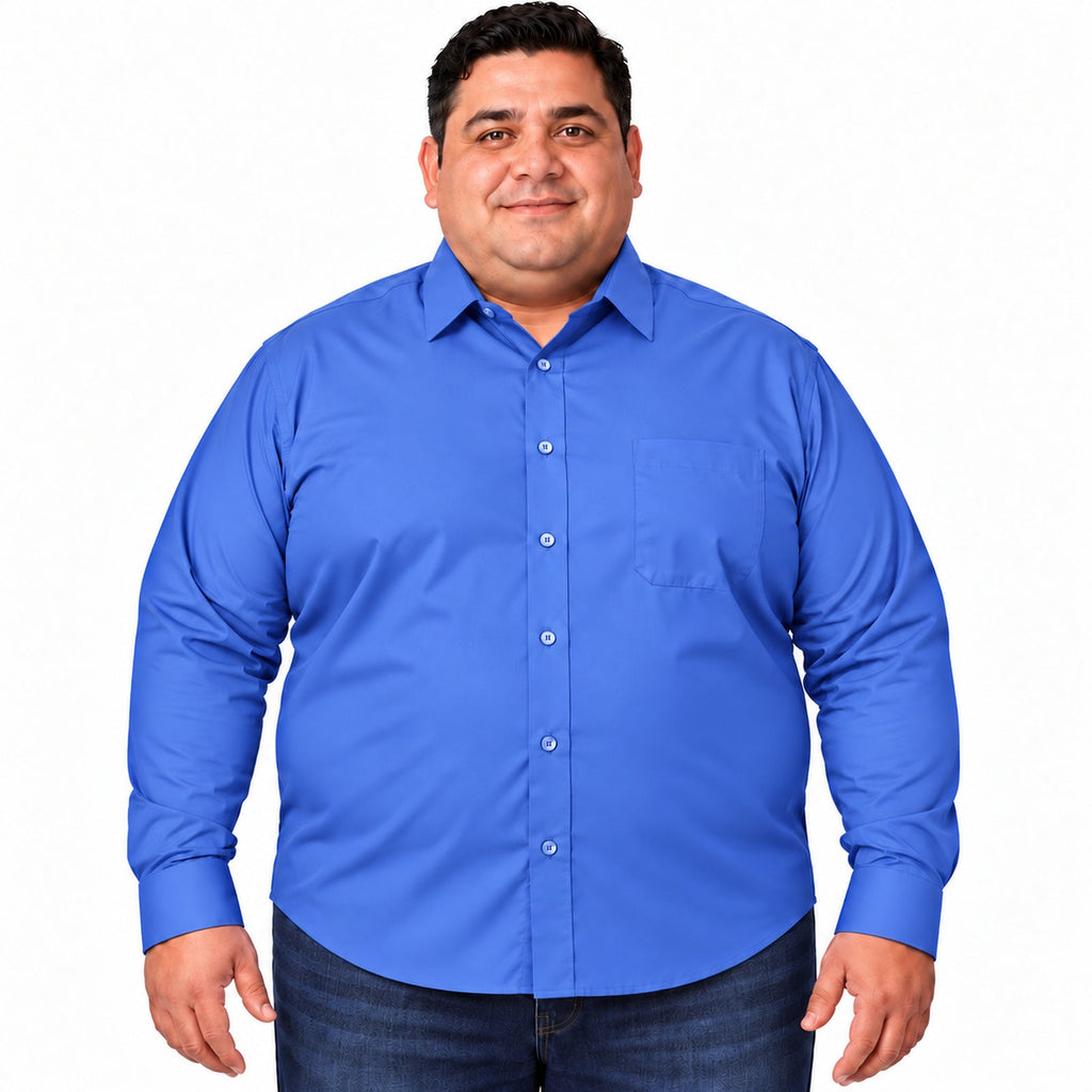 Vista frontal, camisa desfajada con mezclilla de camisa de vestir azul Francia para hombre Rodolfo, tallas extra 52 a 56