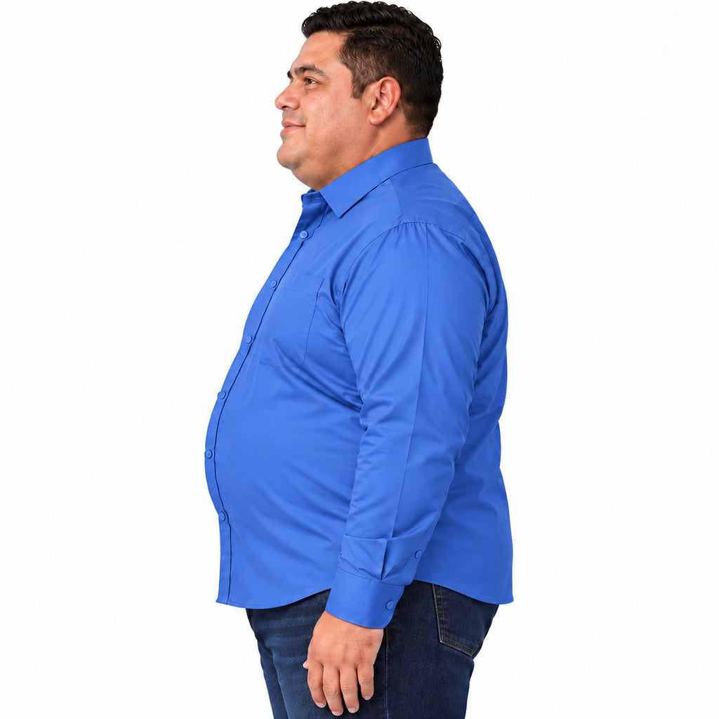Perfil derecho, camisa desfajada de camisa de vestir azul Francia para hombre Rodolfo, tallas extra 52 a 56