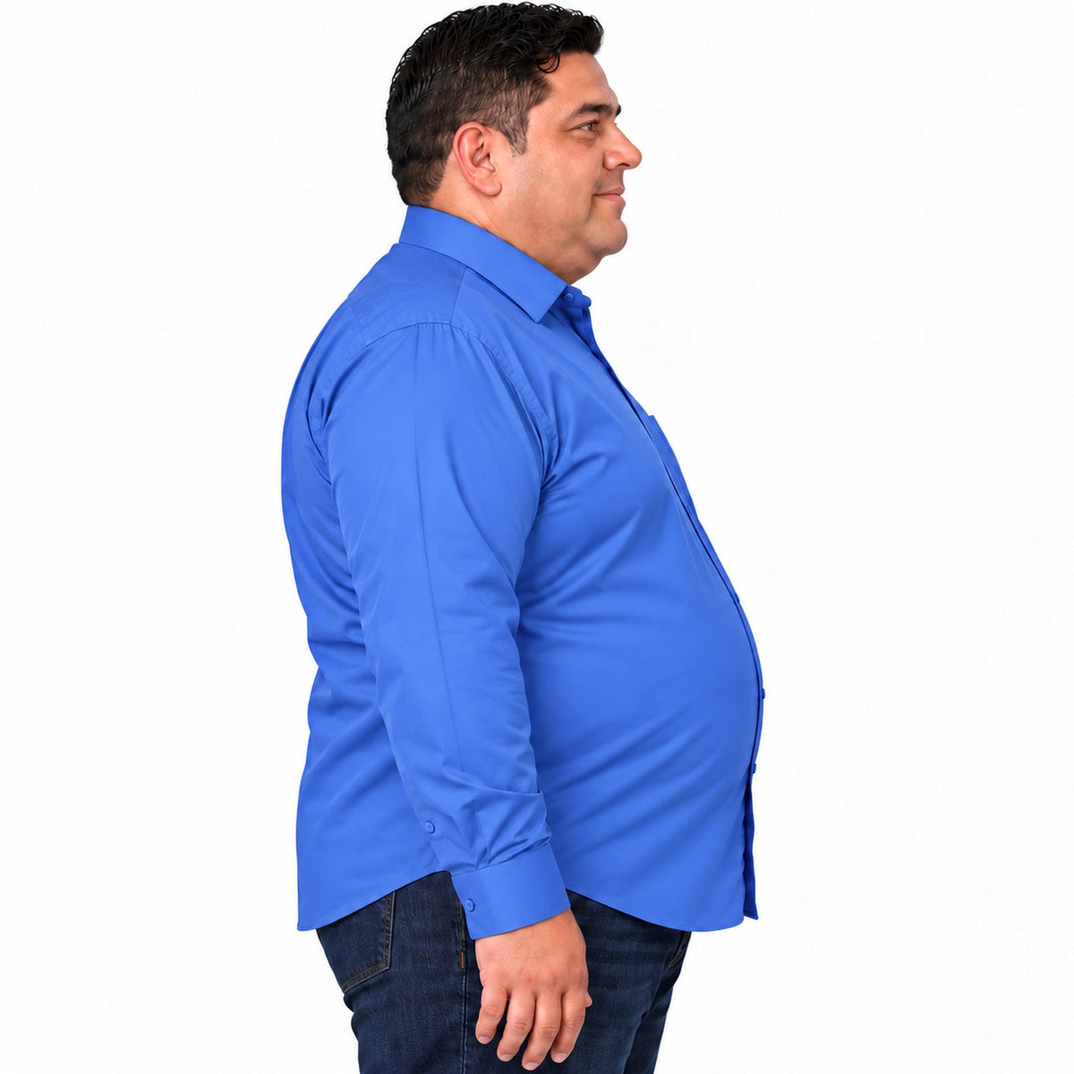 Perfil izquierdo, camisa desfajada de camisa de vestir azul Francia para hombre Rodolfo, tallas extra 52 a 56 | color:azul-francia-rodolfo
