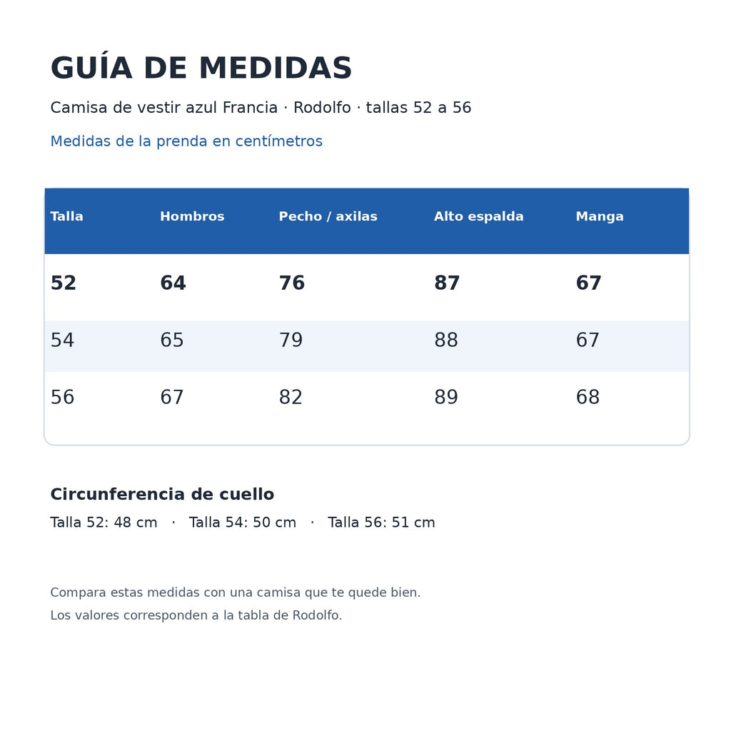 Guía de medidas en centímetros de camisa de vestir azul Francia Rodolfo, tallas 52, 54 y 56