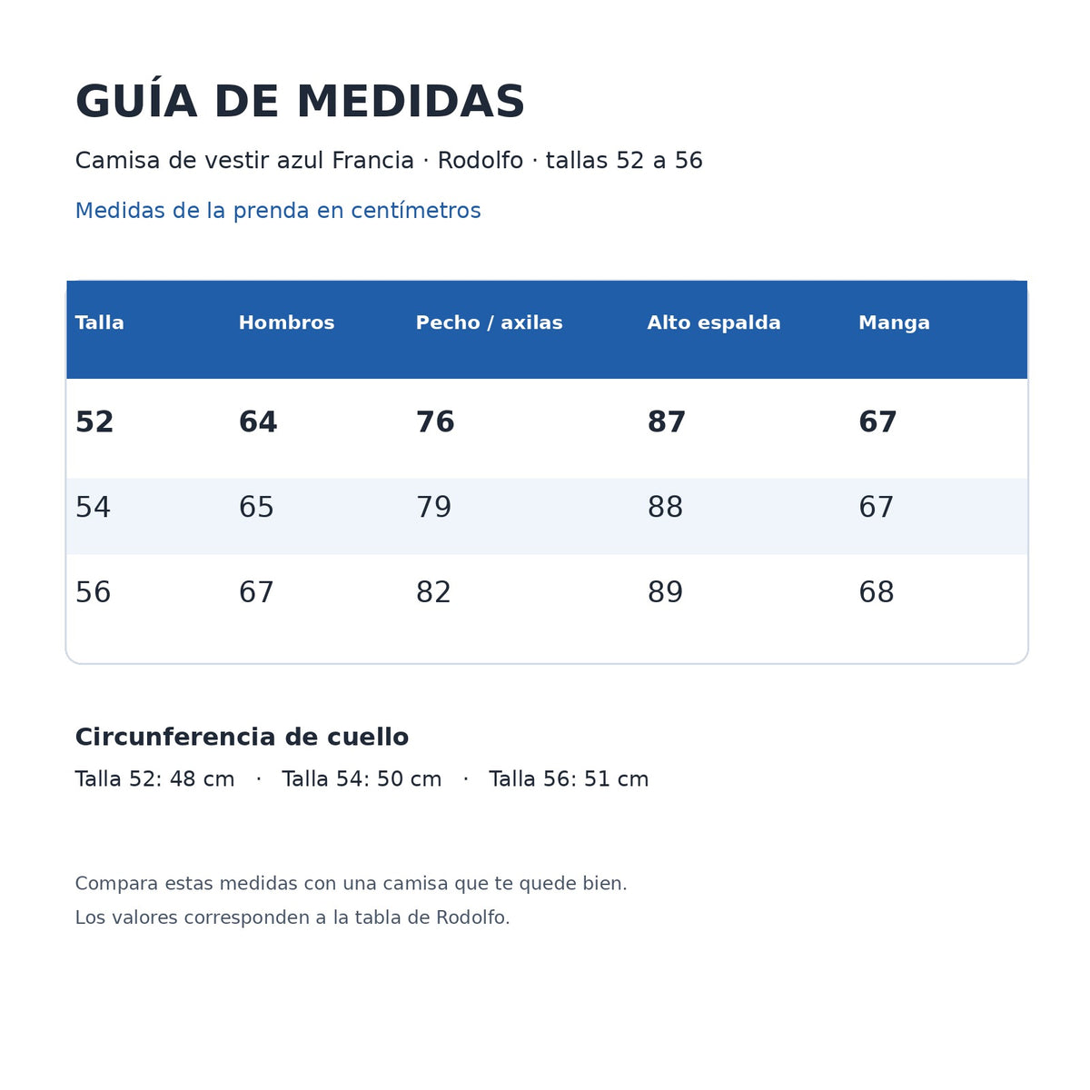 Guía de medidas en centímetros de camisa de vestir azul Francia Rodolfo, tallas 52, 54 y 56 | color:azul-francia-rodolfo