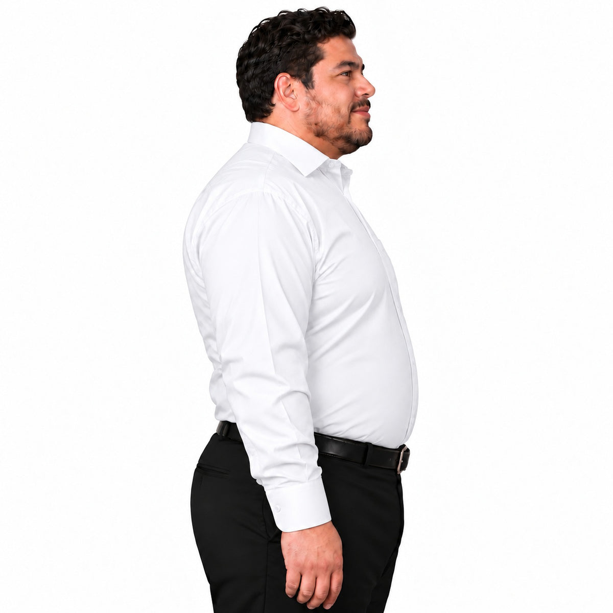 Camisa de vestir blanca tallas extra 44 a 50, perfil derecho fajada, Rodolfo | color:blanca-rodolfo