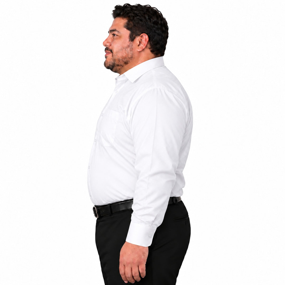 Camisa de vestir blanca tallas extra 44 a 50, perfil izquierdo fajada, Rodolfo | color:blanca-rodolfo