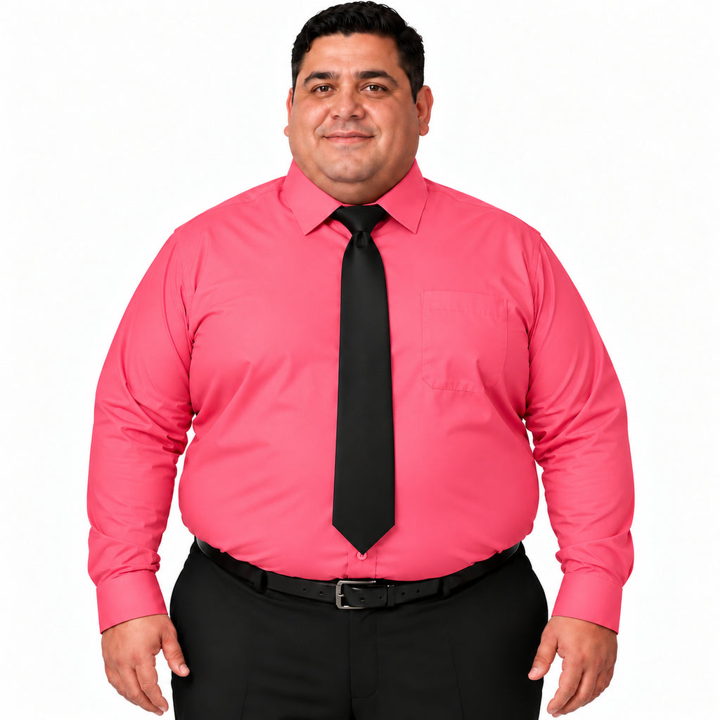 Vista frontal fajada con corbata negra de camisa de vestir coral para hombre Rodolfo, tallas extra 52 a 56