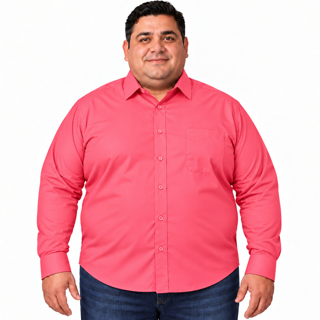 Vista frontal desfajada con jeans de camisa de vestir coral para hombre Rodolfo, tallas extra 52 a 56