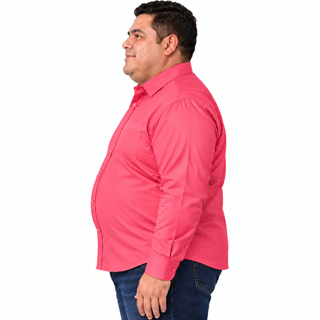 Perfil derecho desfajado con jeans de camisa de vestir coral para hombre Rodolfo, tallas extra 52 a 56
