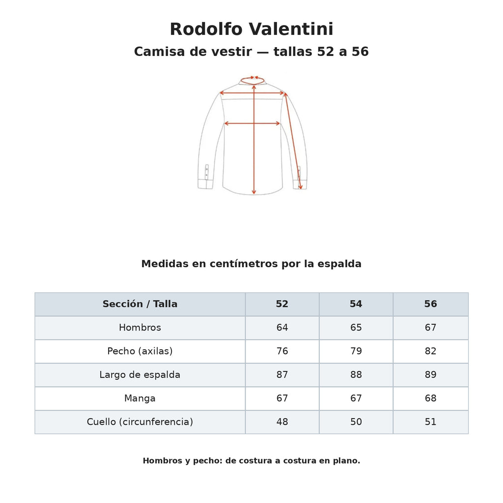 Guía de medidas Rodolfo para camisa de vestir coral de hombre tallas 52, 54 y 56: hombros, axilas, largo, manga y cuello en centímetros