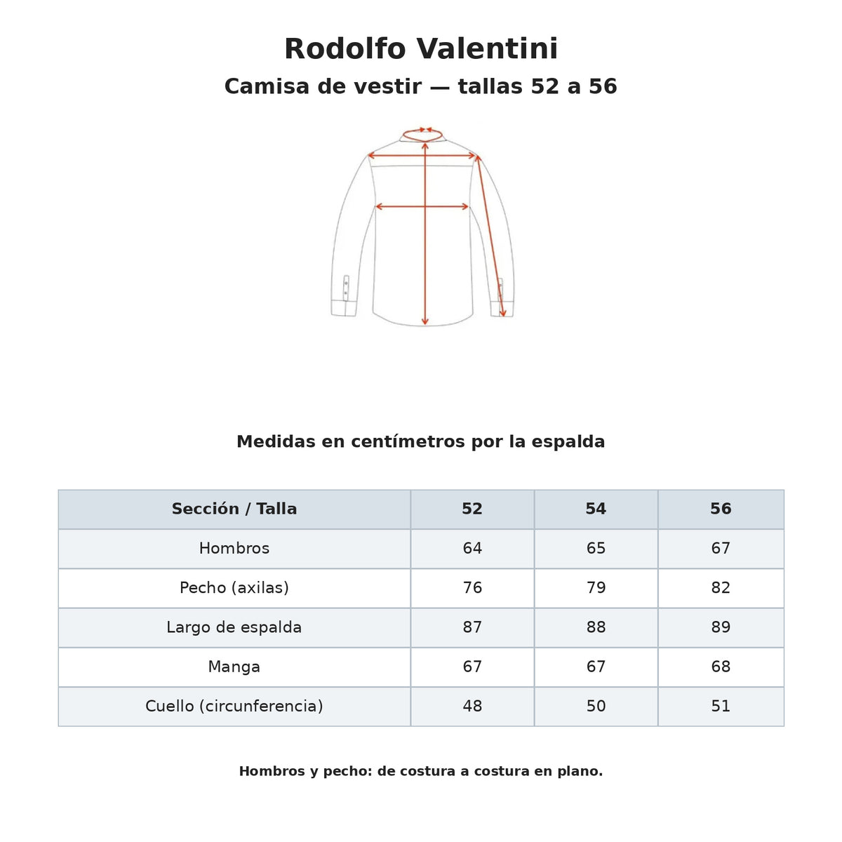 Guía de medidas Rodolfo para camisa de vestir coral de hombre tallas 52, 54 y 56: hombros, axilas, largo, manga y cuello en centímetros | color:coral-rodolfo