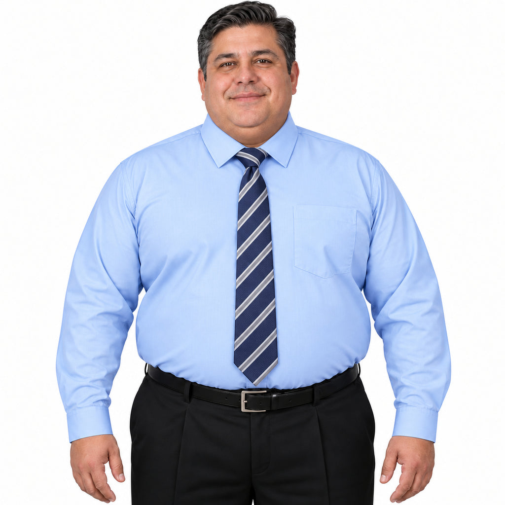 Camisa de vestir Rodolfo Valentini azul cielo para hombre, tallas extras 52 a 56, frontal fajada con corbata diagonal