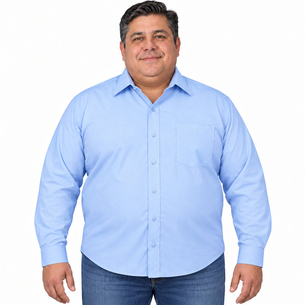 Camisa de vestir Rodolfo Valentini azul cielo para hombre, tallas extras 52 a 56, frontal desfajada con mezclilla