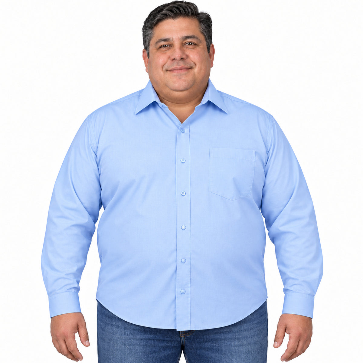Camisa de vestir Rodolfo Valentini azul cielo para hombre, tallas extras 52 a 56, frontal desfajada con mezclilla | color:azul-cielo-rodolfo