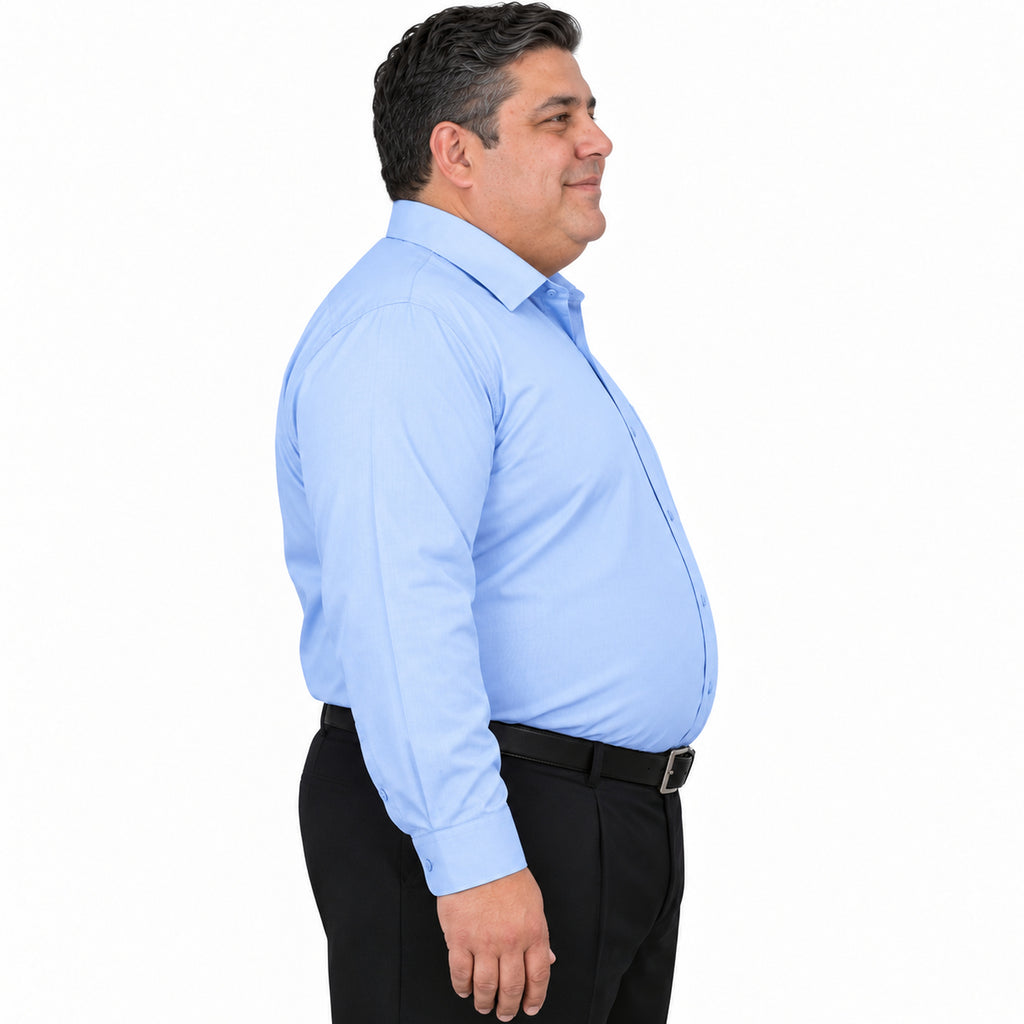 Camisa de vestir Rodolfo Valentini azul cielo para hombre, tallas extras 52 a 56, perfil derecho fajada