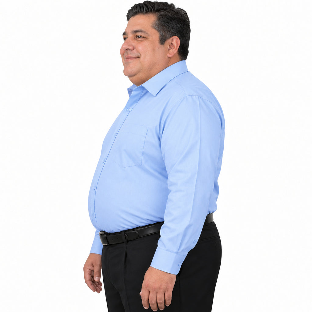 Camisa de vestir Rodolfo Valentini azul cielo para hombre, tallas extras 52 a 56, perfil izquierdo fajada con bolsillo