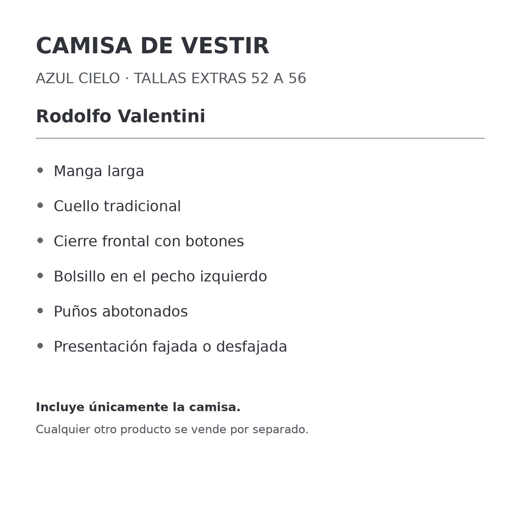 Camisa de vestir Rodolfo Valentini azul cielo para hombre, tallas extras 52 a 56, ficha de características de manga, cuello y bolsillo