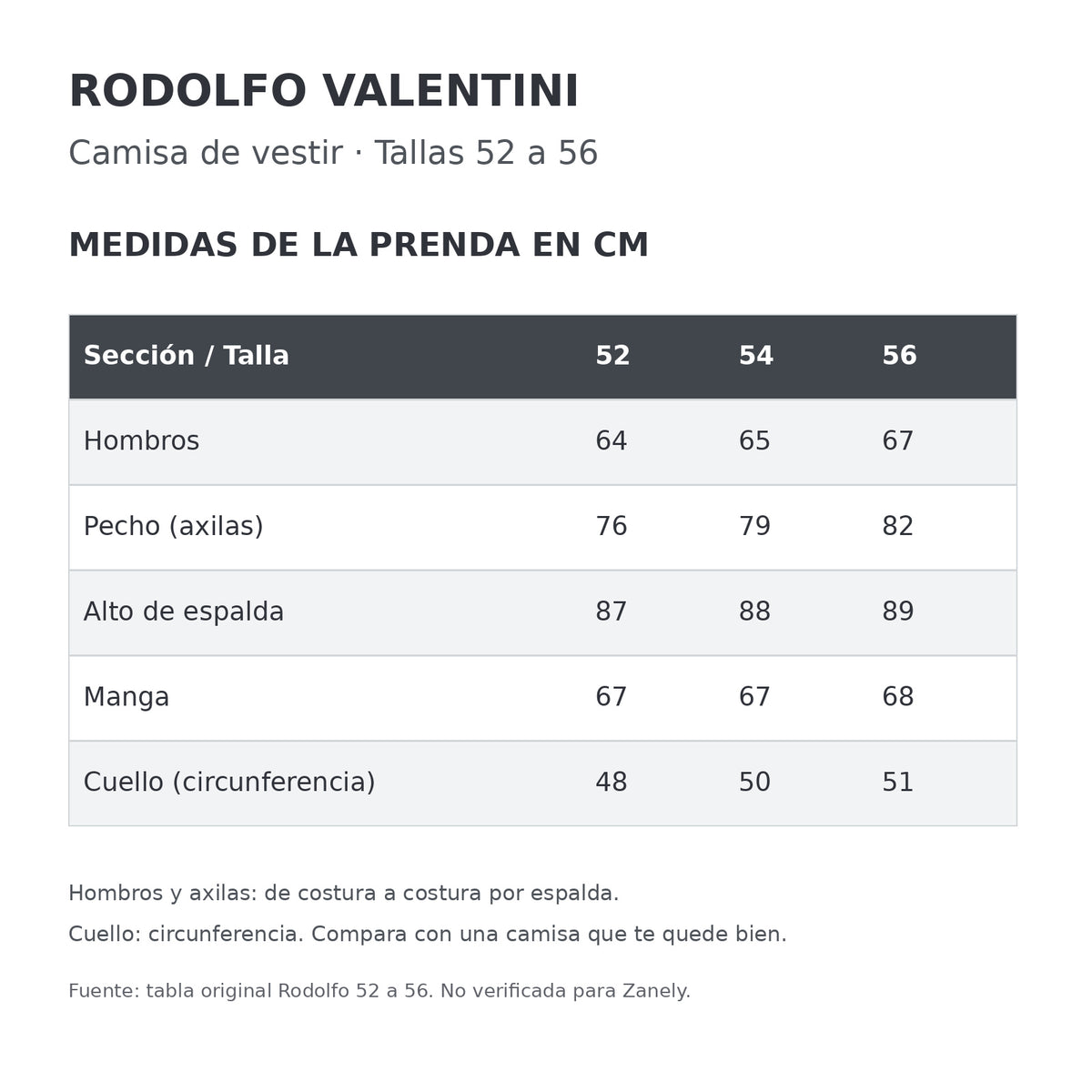 Camisa de vestir Rodolfo Valentini azul cielo para hombre, tallas extras 52 a 56, tabla de medidas Rodolfo en centímetros, tallas 52, 54 y 56 | color:azul-cielo-rodolfo