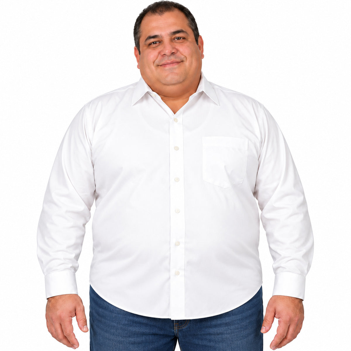 Camisa de vestir Rodolfo Valentini blanca para hombre, tallas extras 52 a 56, frontal desfajada con mezclilla | color:blanca-rodolfo